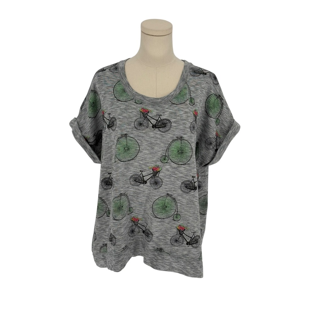 Style & Co Sport Bicycle Print Sweatshirt Gray Short Sleeve Rolled Cuff 1X